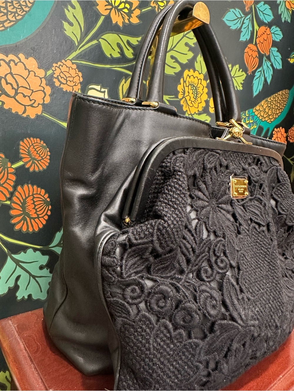 Dolce & Gabbana Black Floral Lace Leather Satchel Leopard Lined | Italy with COA - Picture 7 of 15